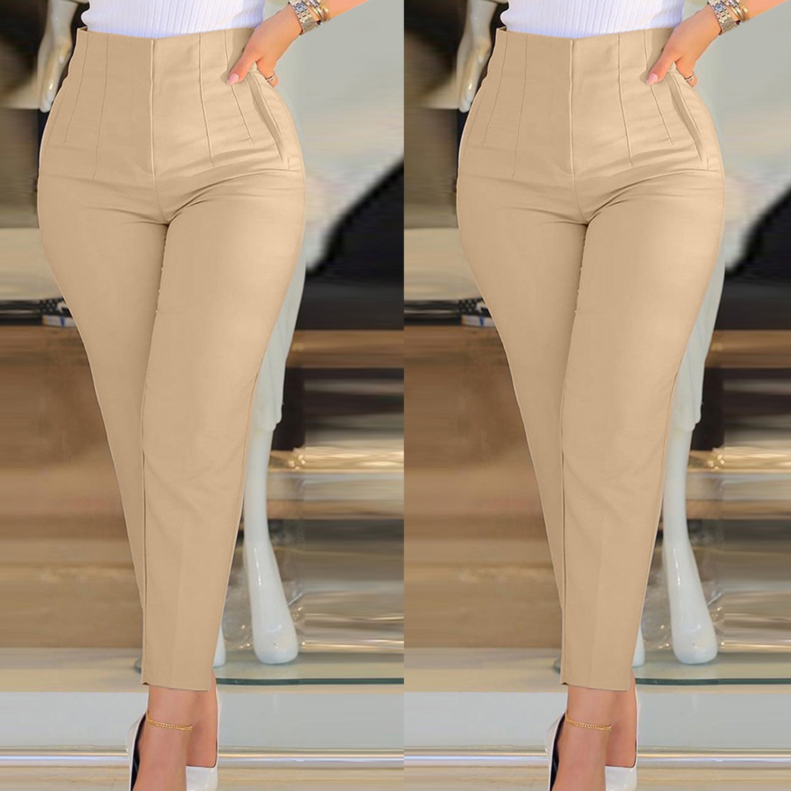 thumbnail image 2 of Pantalones cortos de trabajo de cintura alta para mujer: pantalones lisos con cremallera, cintura elástica, pierna ancha, algodón y lino, bolsillos laterales, ropa informal para la oficina., 2 of 8